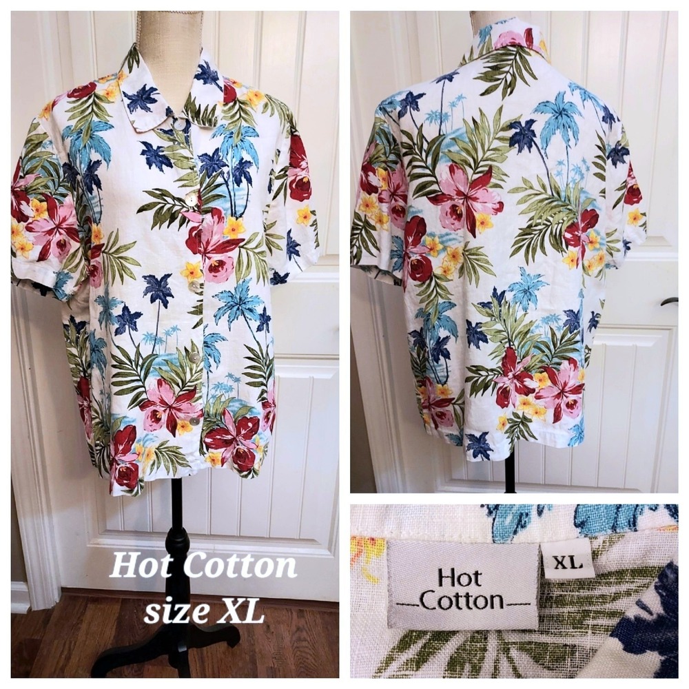 Hot Cotton Women Sz L 100% Linen Floral Hawaii Top‎ 3/4 Sleeve Lagenlook Artsy